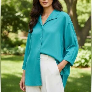 Maggie Barnes NWT Teal Button Down Shirt Tunic Size 32W 3X Plus Size